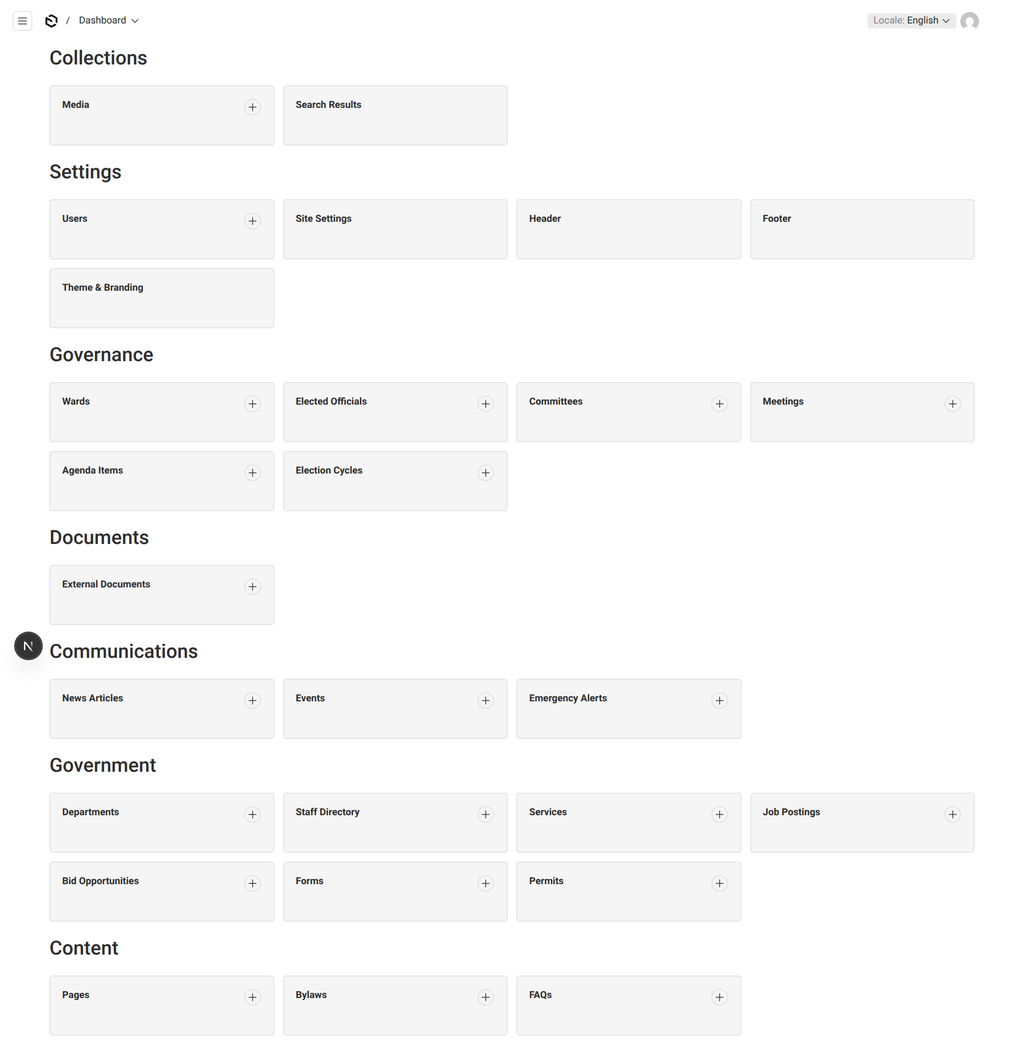 The Munikit admin dashboard, with collections grouped into Communications, Government, Governance, Documents, Content and Settings.
