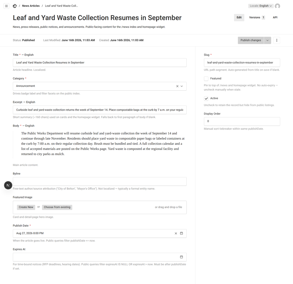 Editing a news article in the Munikit admin: title, category, excerpt and a rich-text body, with Featured, Active and publish controls in the sidebar.