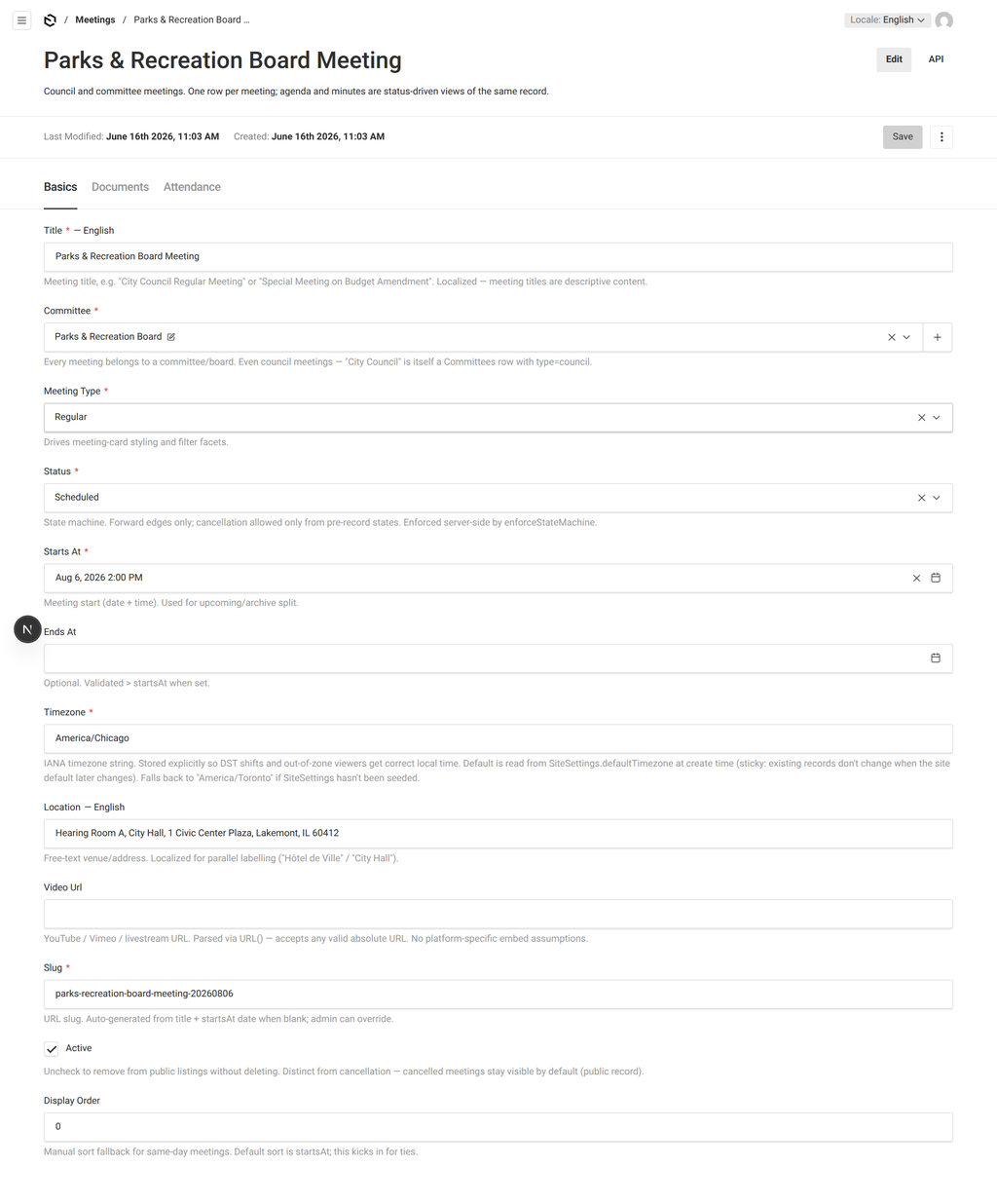 Editing a meeting record in the Munikit admin, with status, date and time, and attached agenda and minutes documents.